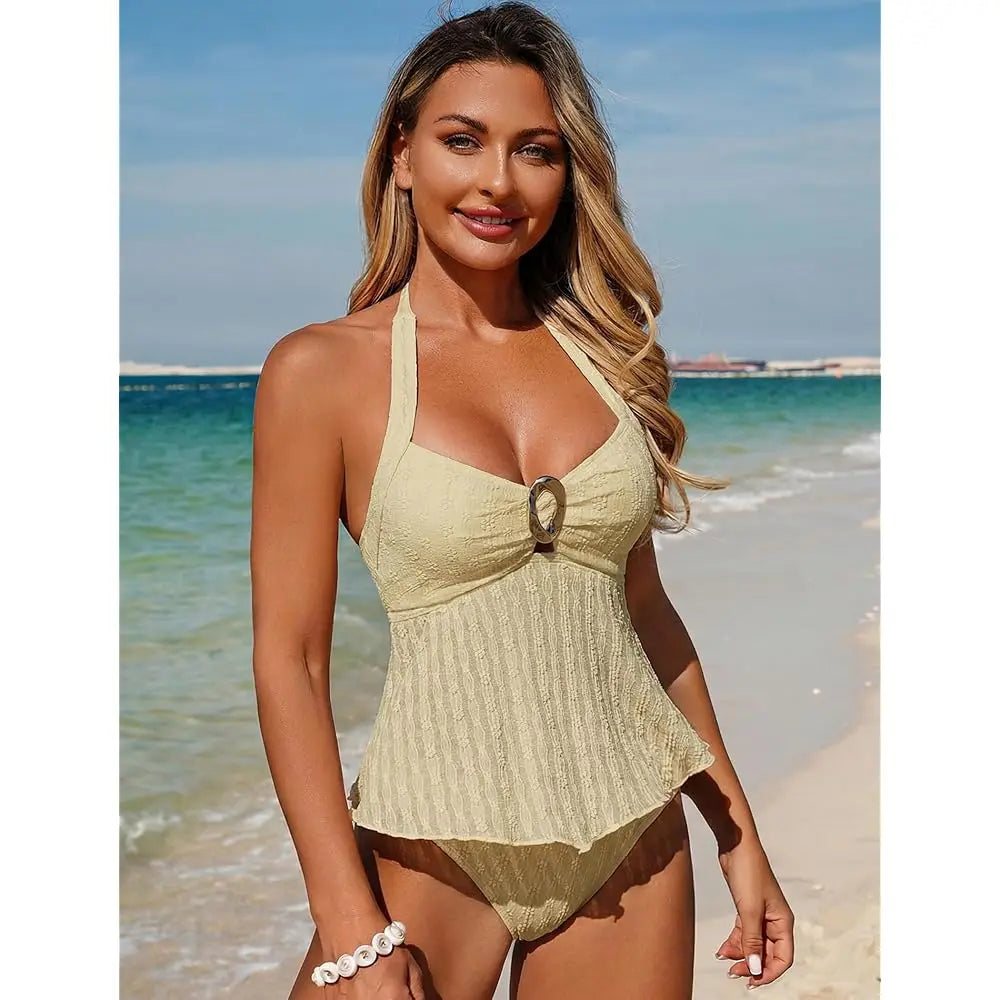 Halter Tankini Swimsuits for Women Lace O-Ring Cut Out Two Piece Tummy Control Swimsuits Bathing Suits