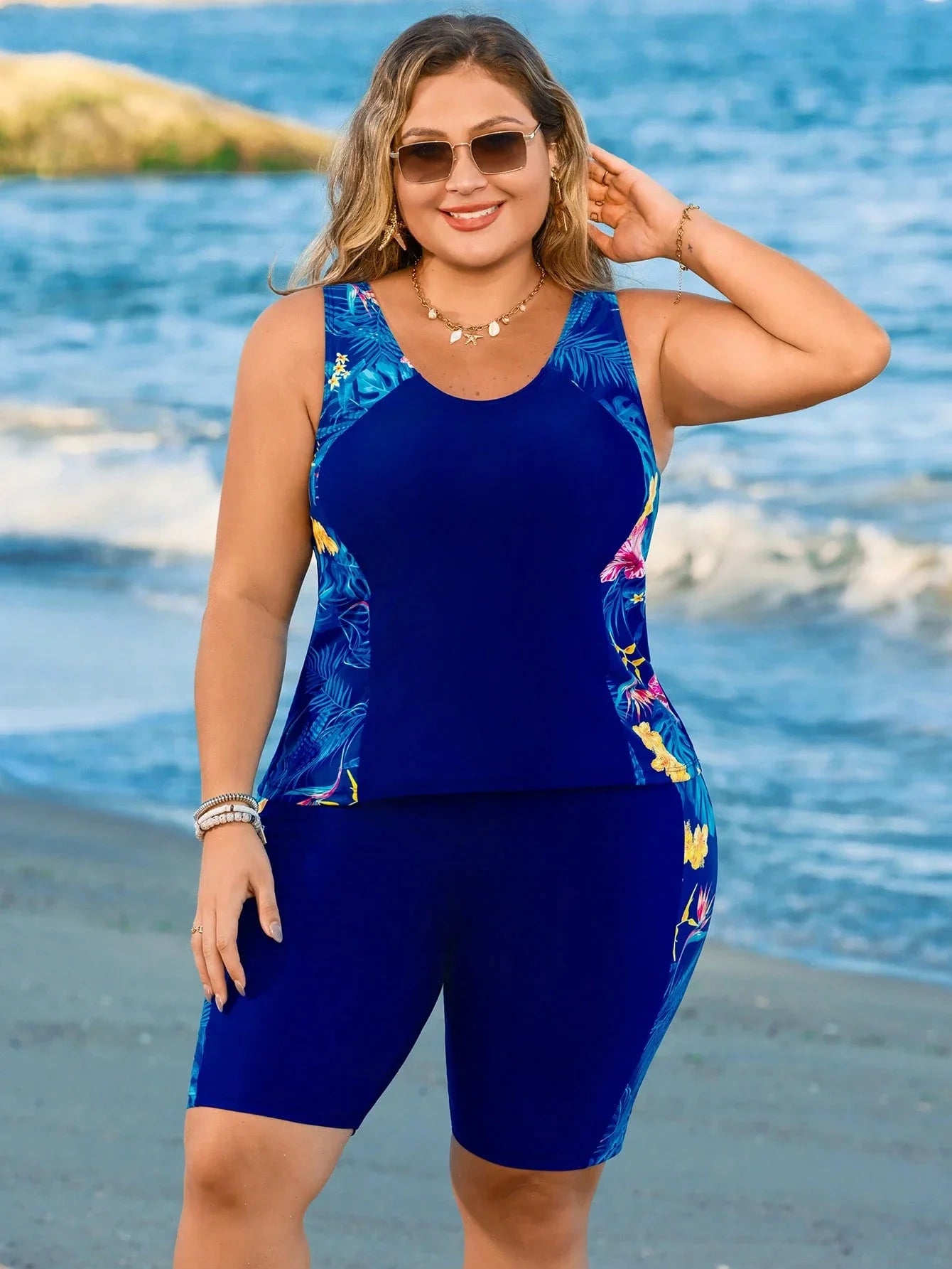 Curvy Women's Two-Piece Blue Swimsuit With Tummy Control Crop Top For Beach, Pool And Summer Activities