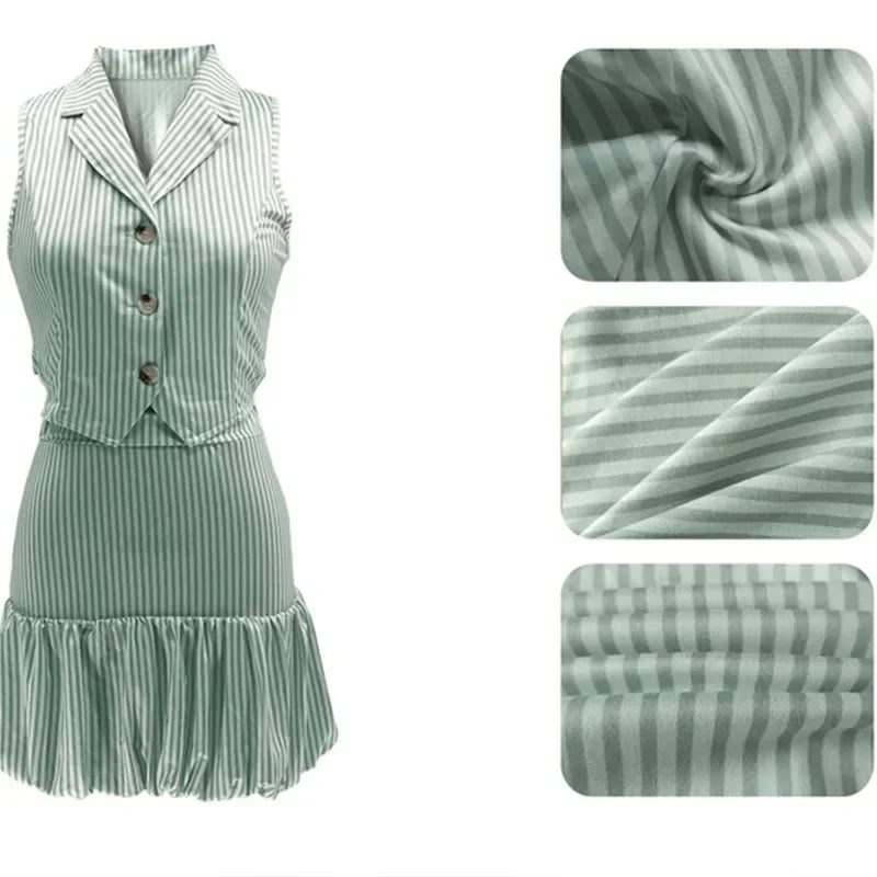 Doyerl Striped Print Two Piece Outfits Woman Summer Clothes Sleeveless Single-breasted Notched Vest Top and Puff Mini Skirt Sets