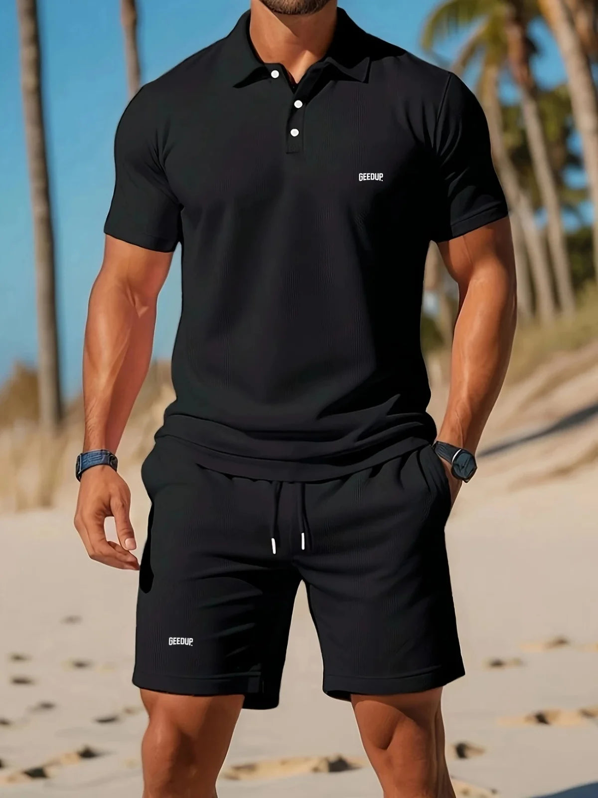 The 2025 summer men's Polo shirt, T-shirt and shorts casual set is suitable for daily wear and a beach sports two-piece outfit.