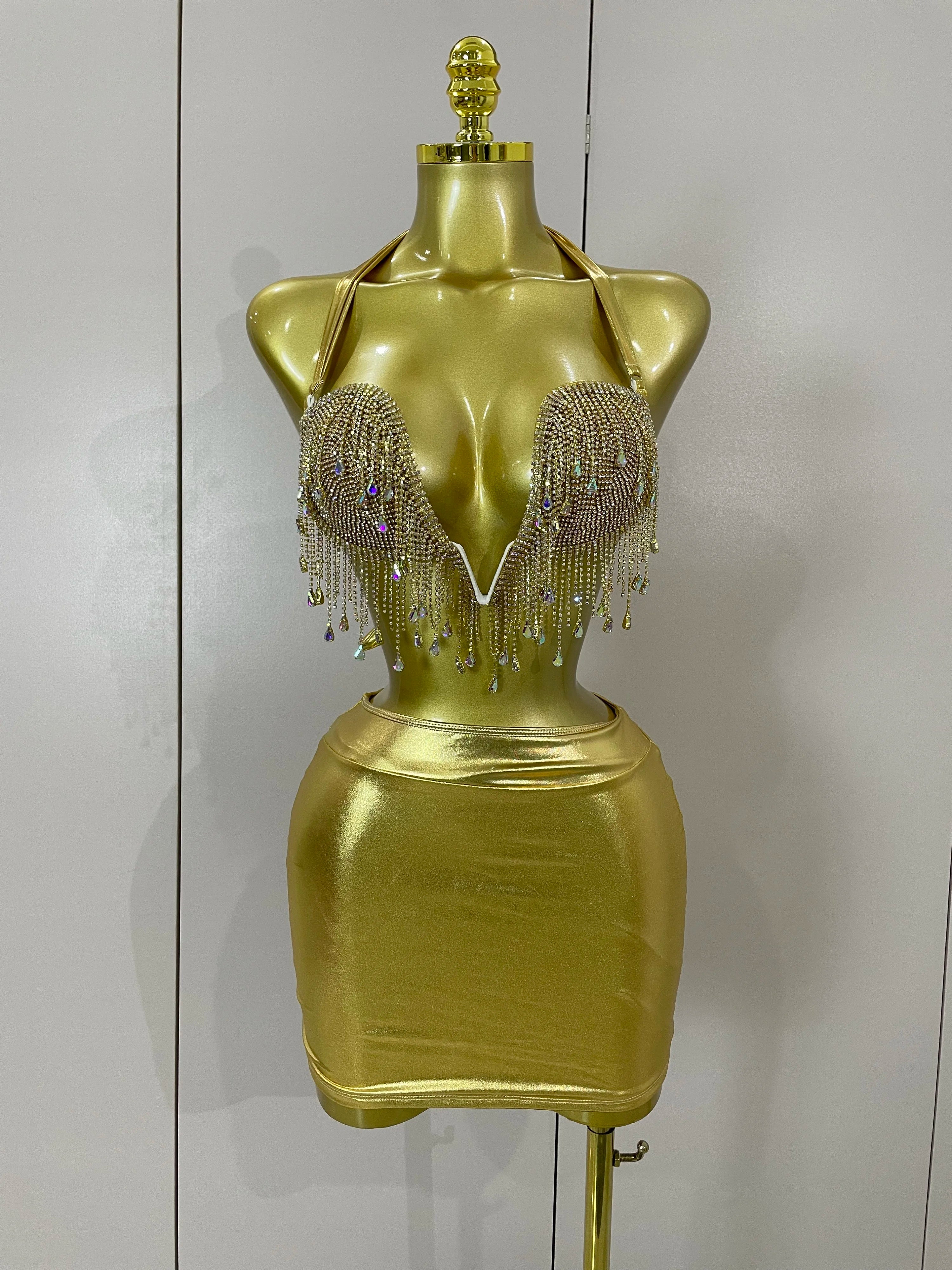 Luxury Shiny Diamond Chain Top Mini Dress Two Pieces Women Eveing Celebrate Party NightClub Festival Outfit Sexy Stage Costume