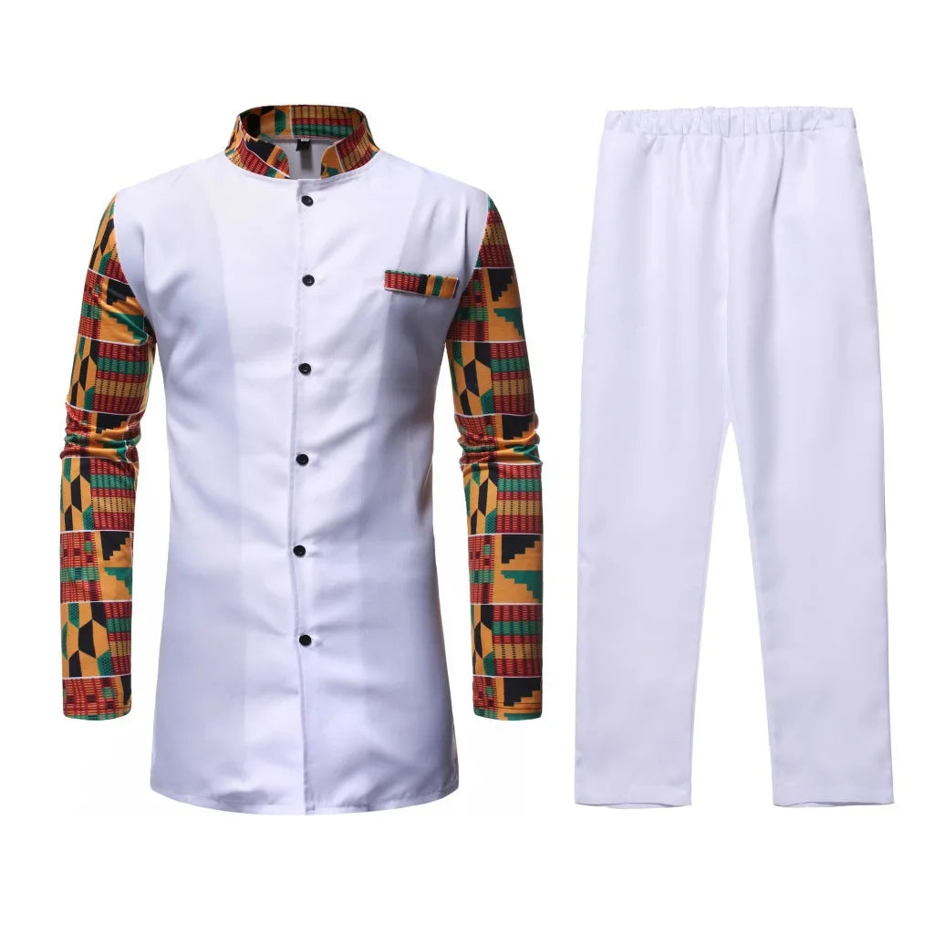 African Style Men's Two Piece Sets Fashion Patchwork Design Stand Collar Long Sleeve Shirt and Pants Male African Dashiki Outfit