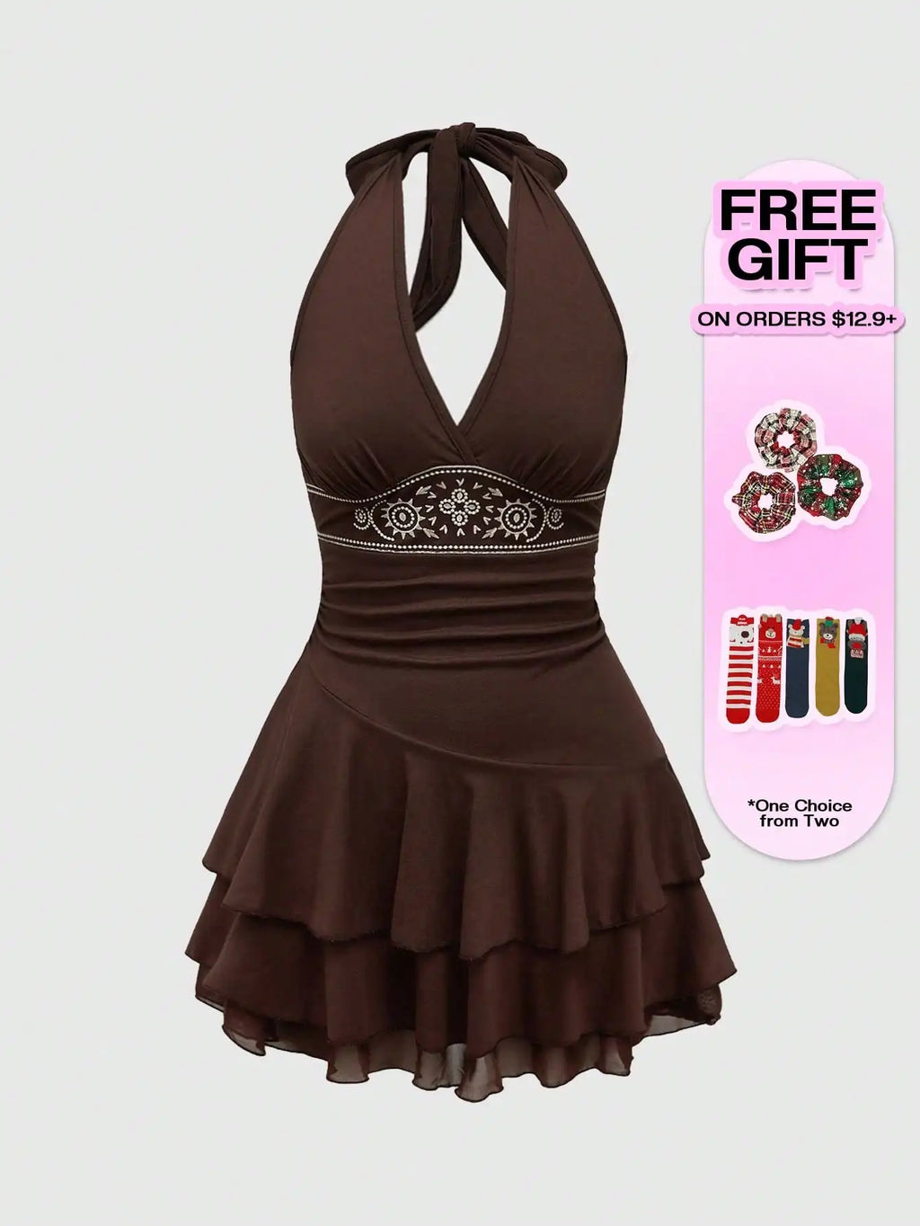 Brown Halter Neck Embroidered Tiered Hem Mini Dress with Floral Motif