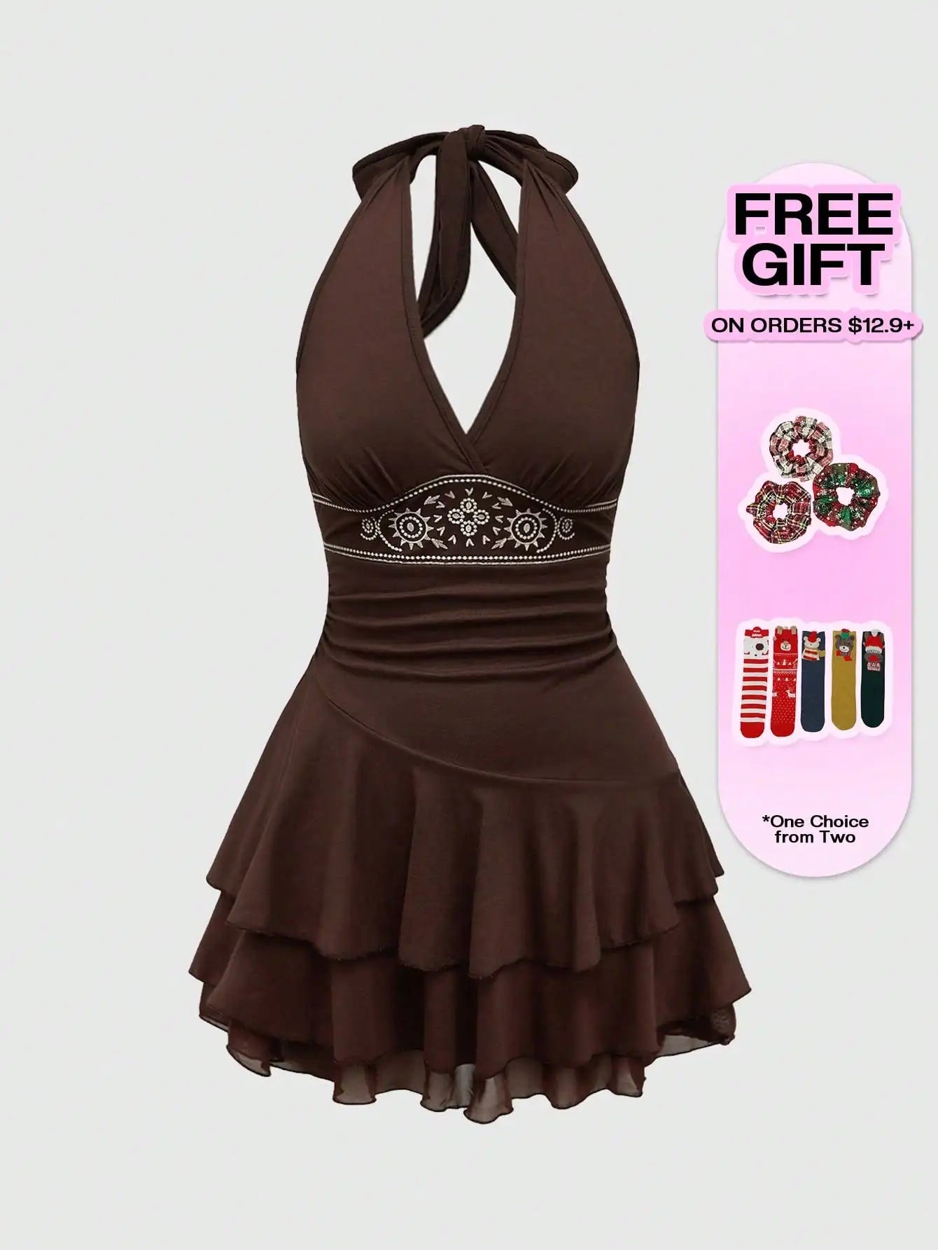 Brown Halter Neck Embroidered Tiered Hem Mini Dress with Floral Motif