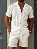 Seaside Beach Casual Hollow Out Outfits Men Summer Daily Leisure Button Short Sleeve Shirts And Shorts Sets Mens Two Piece Suits