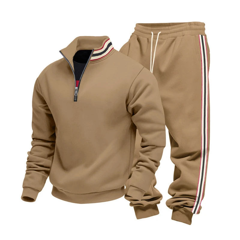 New Casual Mens Tracksuits Autumn Winter Fashion Striped Patchwork Two Piece Sets Men Stand Collar Sweatshirt And Pants Outfits