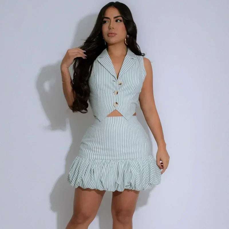 Doyerl Striped Print Two Piece Outfits Woman Summer Clothes Sleeveless Single-breasted Notched Vest Top and Puff Mini Skirt Sets