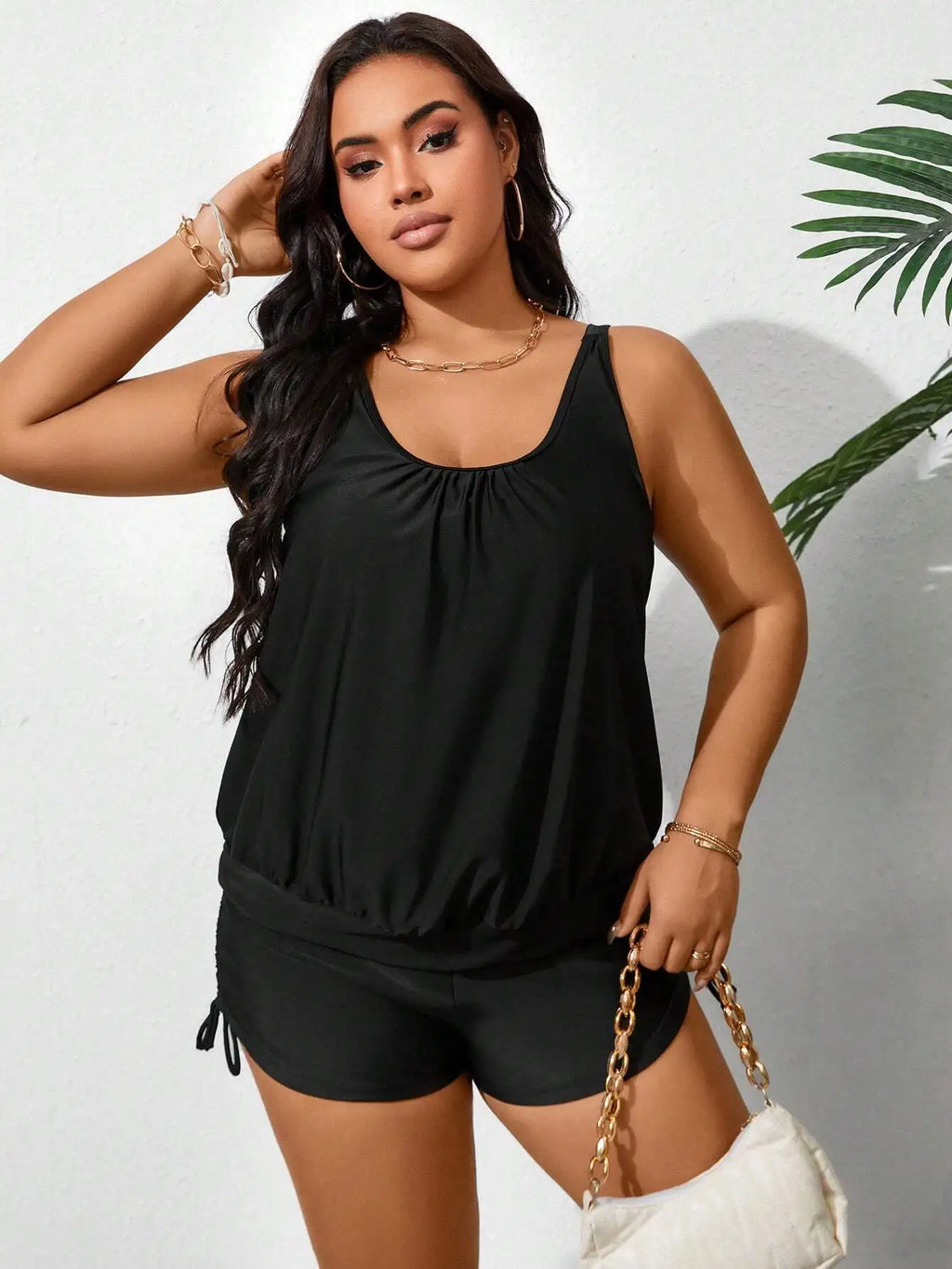 Plus Size Summer Beach Solid Sleeveless Ruched Tankini Set