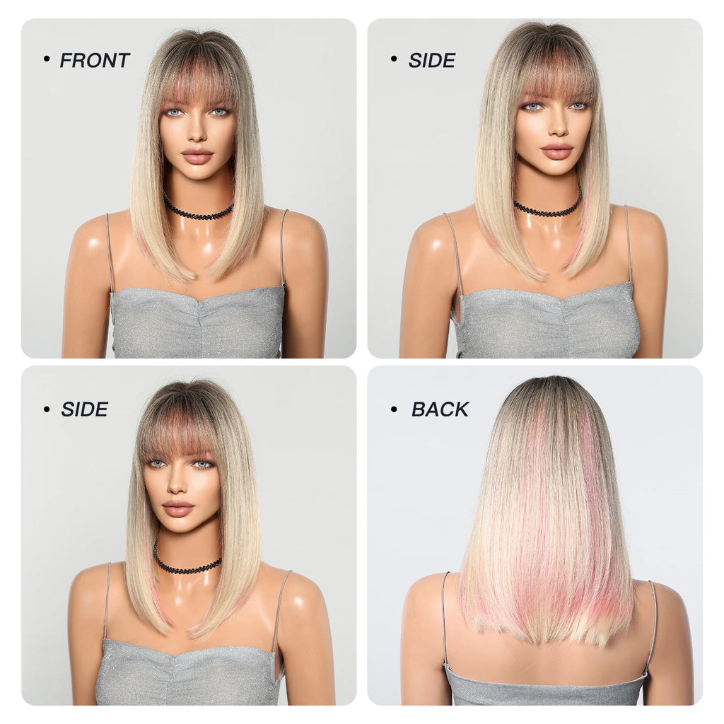 Ombre Blonde Pink Bob Wig with Fluffy Bangs Synthetic Short Straight Wigs for Black Women Heat Resistant Cosplay Daily Hair