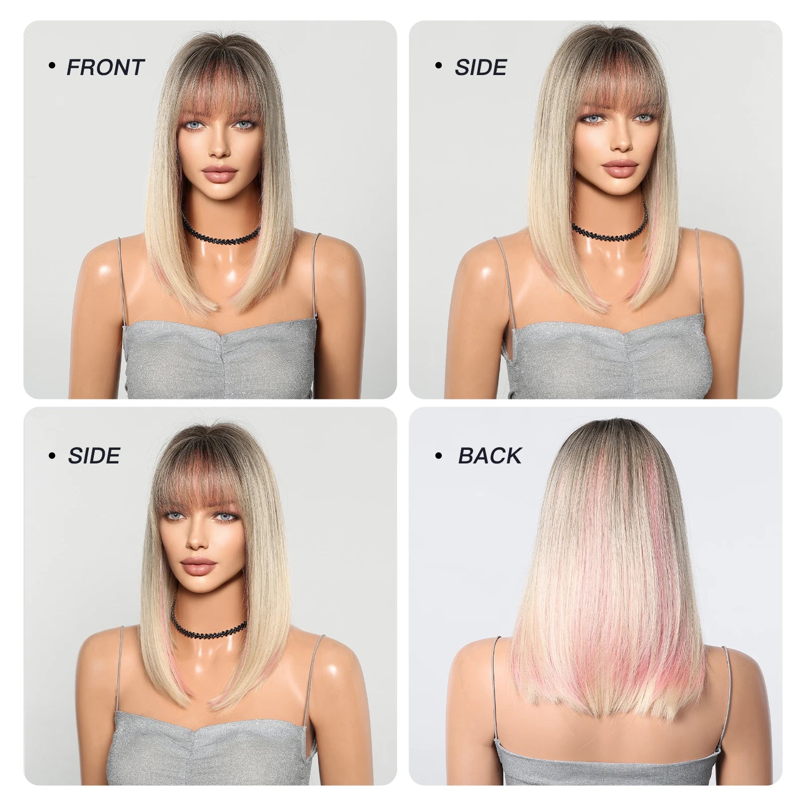 Ombre Blonde Pink Bob Wig with Fluffy Bangs Synthetic Short Straight Wigs for Black Women Heat Resistant Cosplay Daily Hair