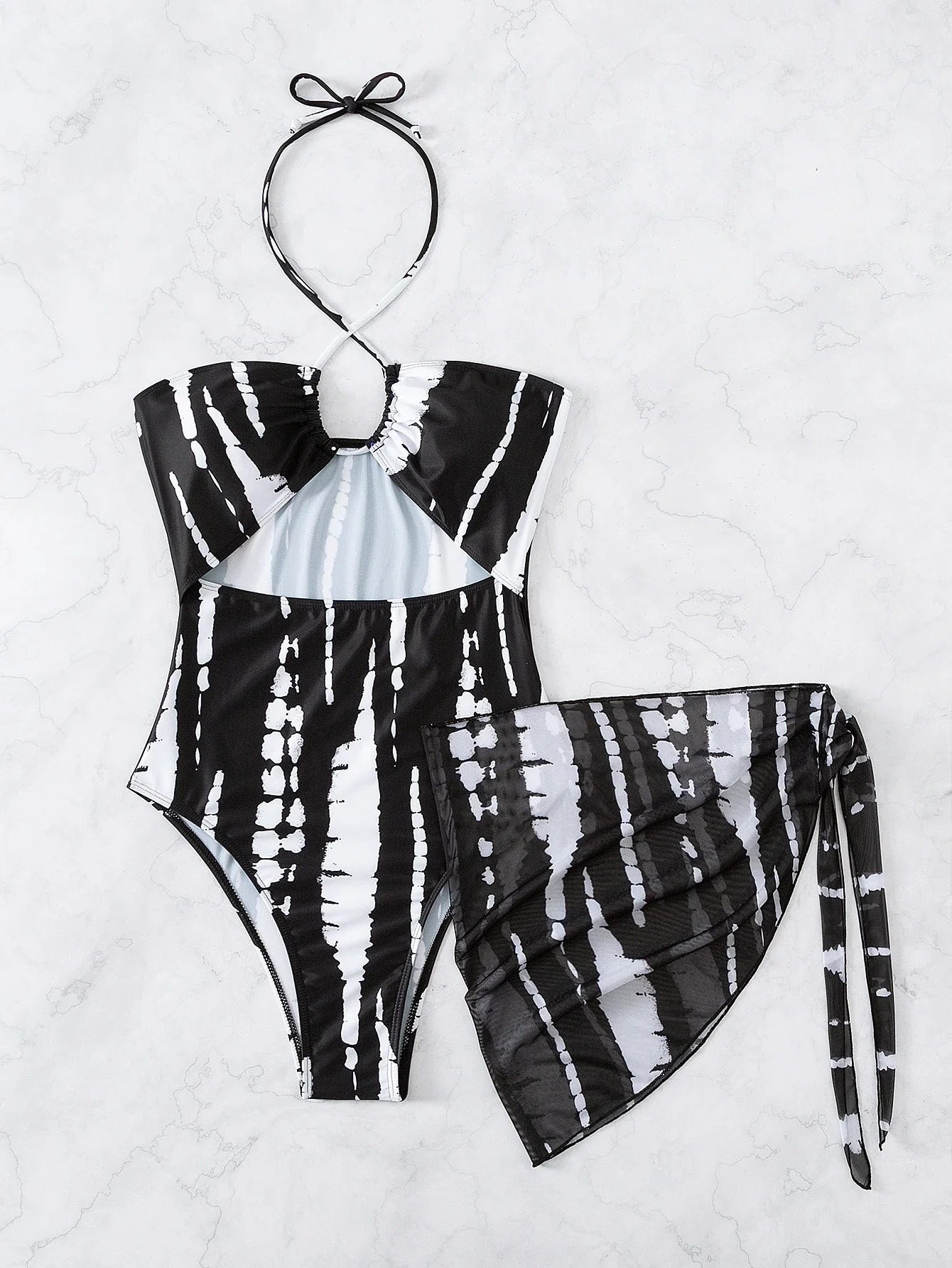 Abstract Black White Tie Dye Halter One Piece With Cutout Detail And Sheer Wrap Skirt