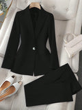 Women's Black Solid Color Two Piece Suit 2026 Long Sleeve Blazer & High Waist Cropped Pants Set Office Work Wear Outfit