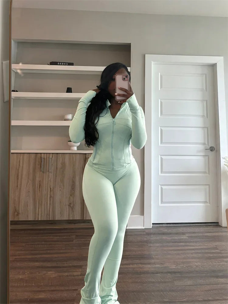 Elegant Sports Women Clothing Sales Long Sleeve Tops Flare Pants 2 Two Pieces Sets Tracksuit Streetwear Jogging Leggings Outfits