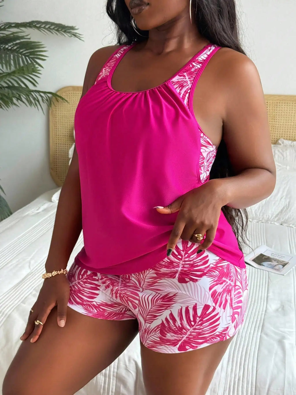 Vibrant Pink Plus Size Tankini Set With Tropical Leaf Print For Summer Beach Wear