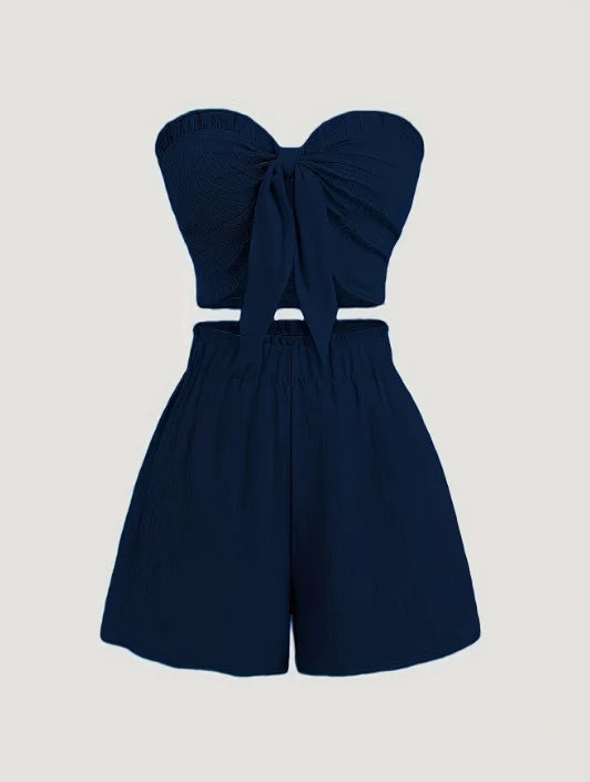 Simple, beachy style, romantic seaside. Date outfit featuring a top with gathered details and shorts, a two-piece set for women.