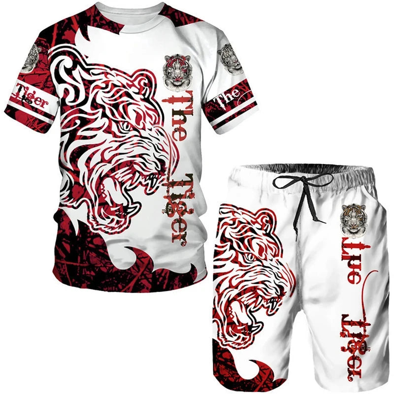 New Summer Men's Sets Shorts Outfits 3D Tiger Printed Short Sleeve T-shirt Two Pieces Casual Tracksuit Oversized Beach Sportwear