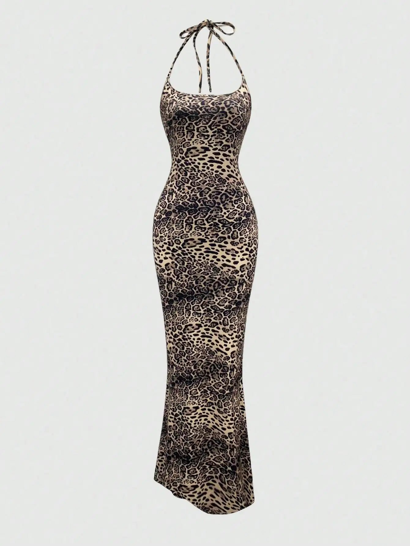 Sweetra Women's Leopard Print Mermaid Hem Fitted Elegant Halter Neck Dress Maxi Women Outfit