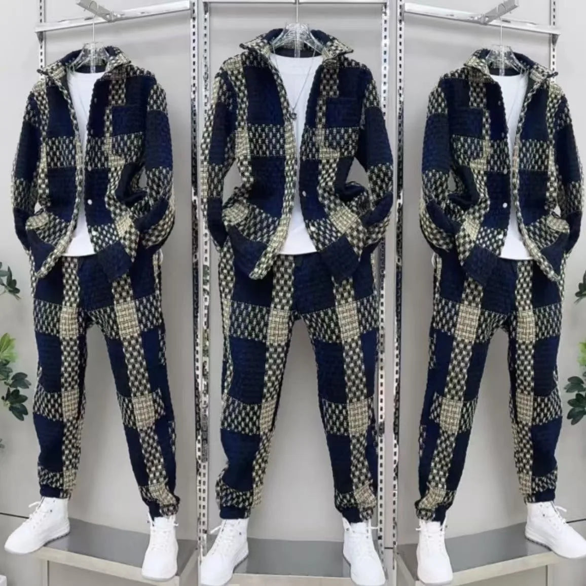 Men's Casual Navy & Beige Textured Plaid Two-Piece Set Lapel Shirt & Jogger Pants Leisure Outfit