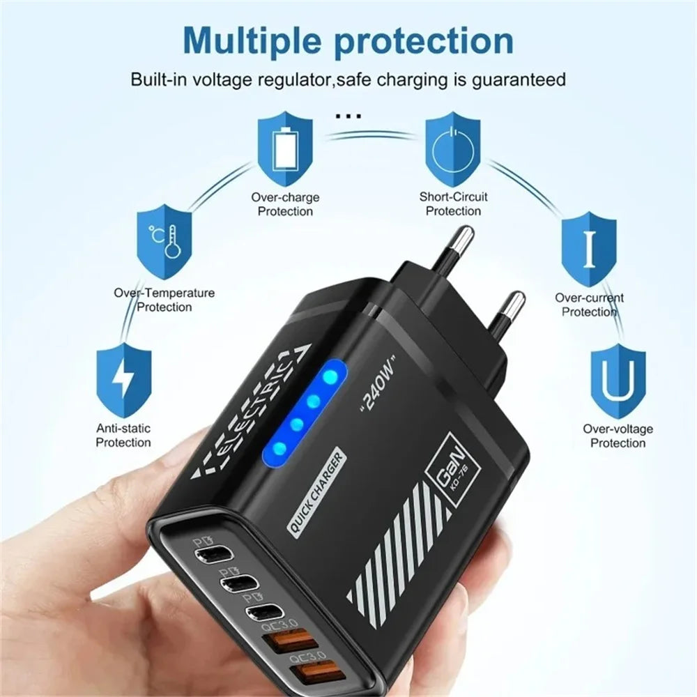 GaN 240W USB C Wall Charger 5 Ports PD QC3.0 Fast Charge Phone Adapter for iPhone 17 16 15 Samsung Xiaomi Huawei EU/US/UK Plug