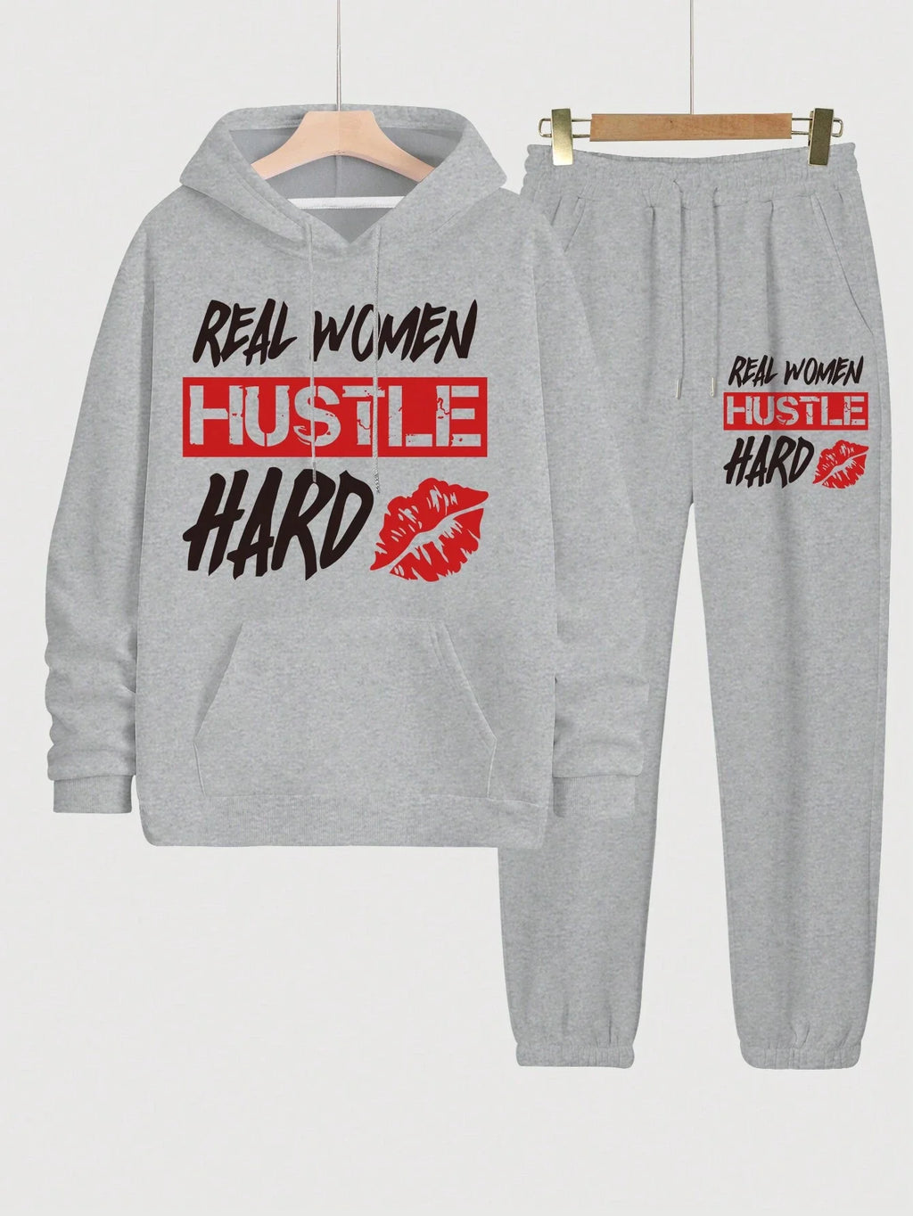 Real Women Hustle Hard Hoodie Sweatpants Set Gray Casual Sportswear