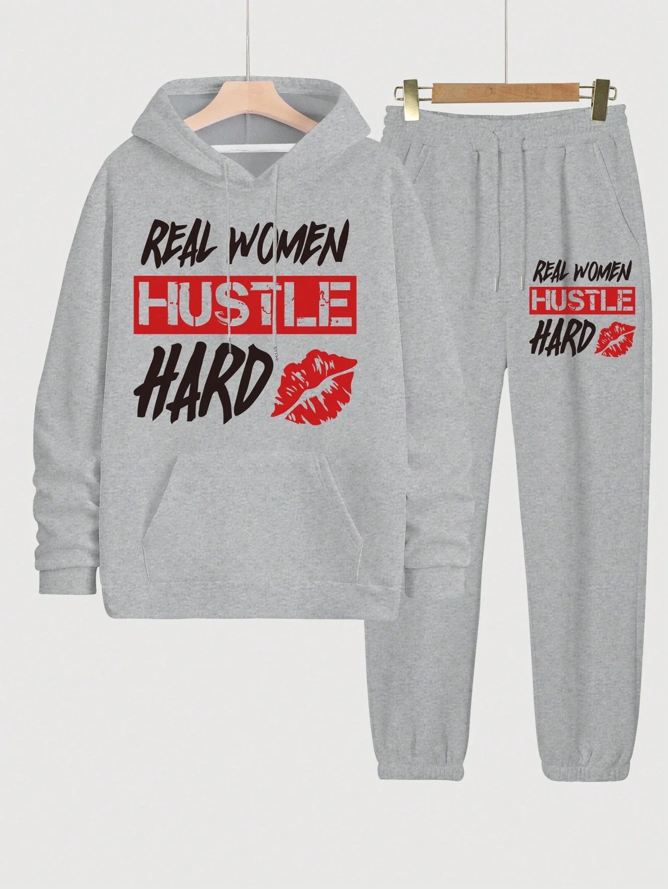 Real Women Hustle Hard Hoodie Sweatpants Set Gray Casual Sportswear