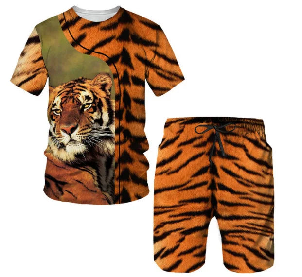 New Summer Men's Sets Shorts Outfits 3D Tiger Printed Short Sleeve T-shirt Two Pieces Casual Tracksuit Oversized Beach Sportwear