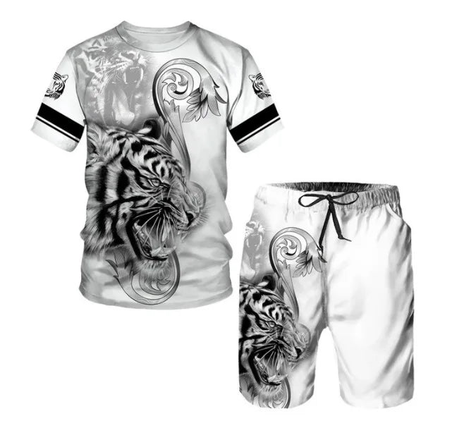 New Summer Men's Sets Shorts Outfits 3D Tiger Printed Short Sleeve T-shirt Two Pieces Casual Tracksuit Oversized Beach Sportwear