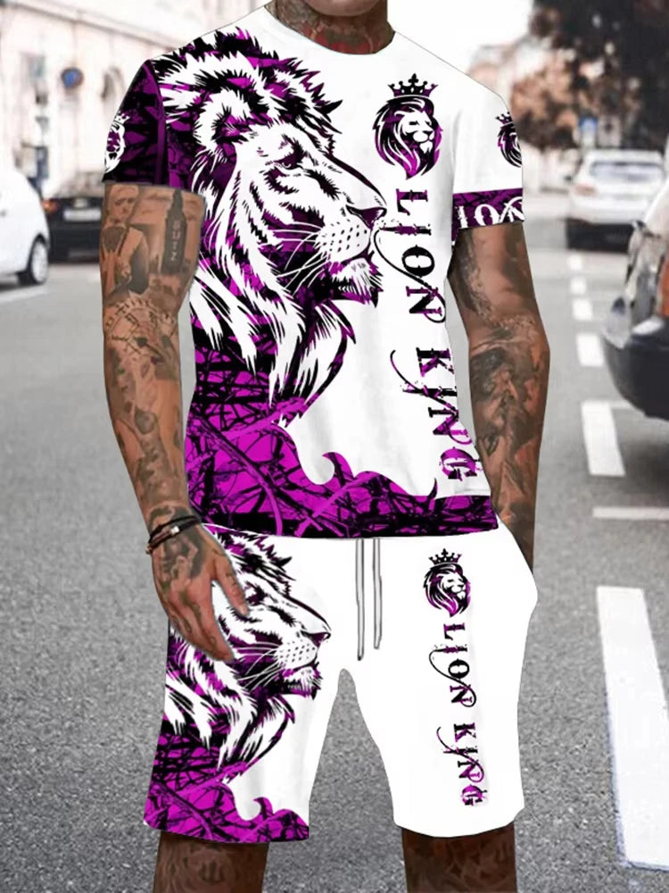 Summer Men Sets Shorts Outfits Male Tees Street T Shirt Two Piece 3D Lion Print Casual O-Neck Tracksuit Oversized Beach T Shirt