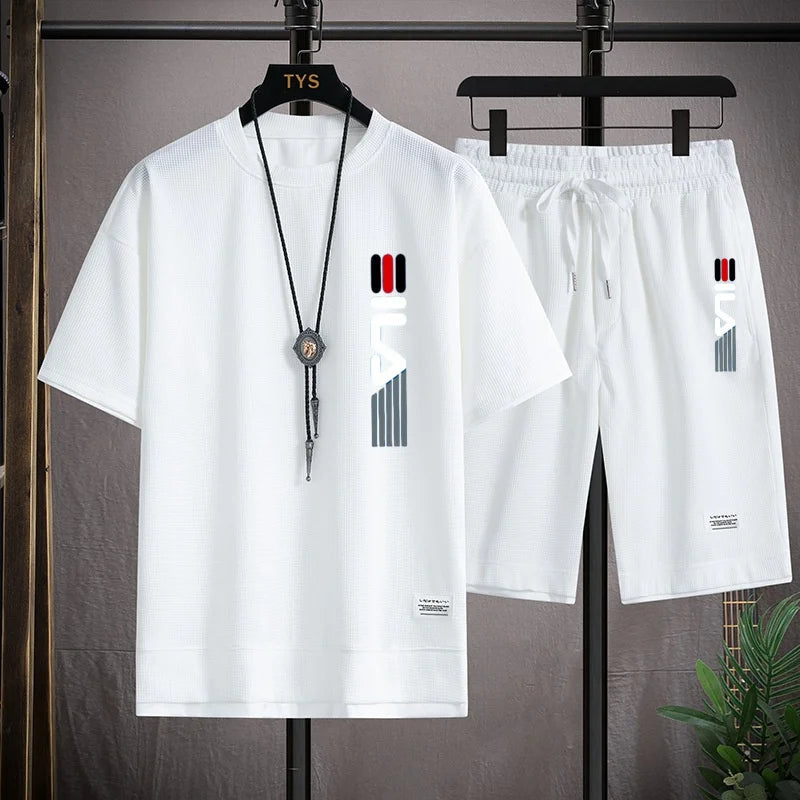 2026 Summer Men's Casual Short-Sleeved T-Shirt Set, fashionable outdoor outfit, two-piece set.