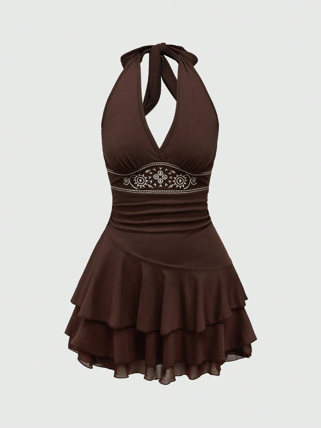 Brown Halter Neck Embroidered Tiered Hem Mini Dress with Floral Motif