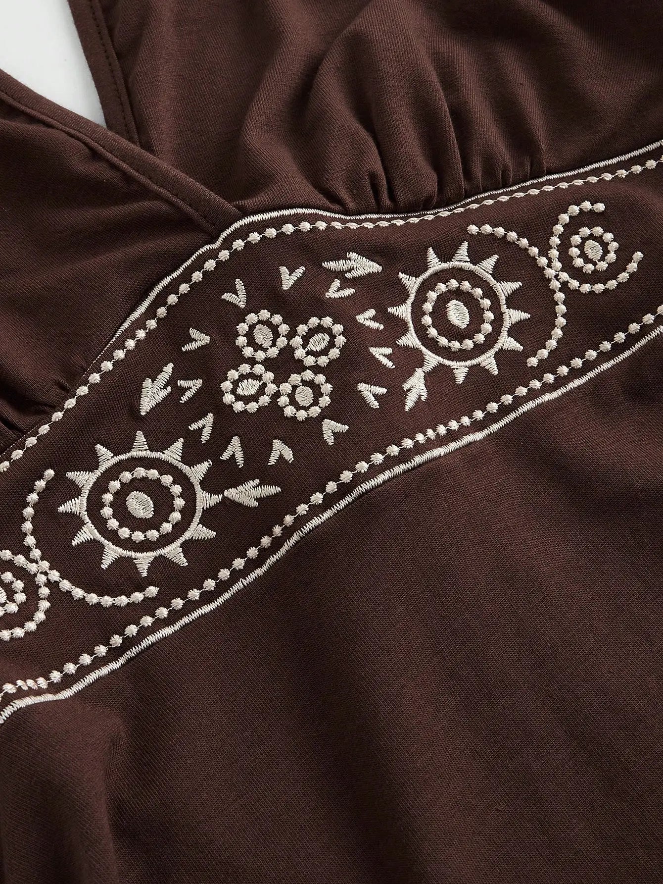 Brown Halter Neck Embroidered Tiered Hem Mini Dress with Floral Motif
