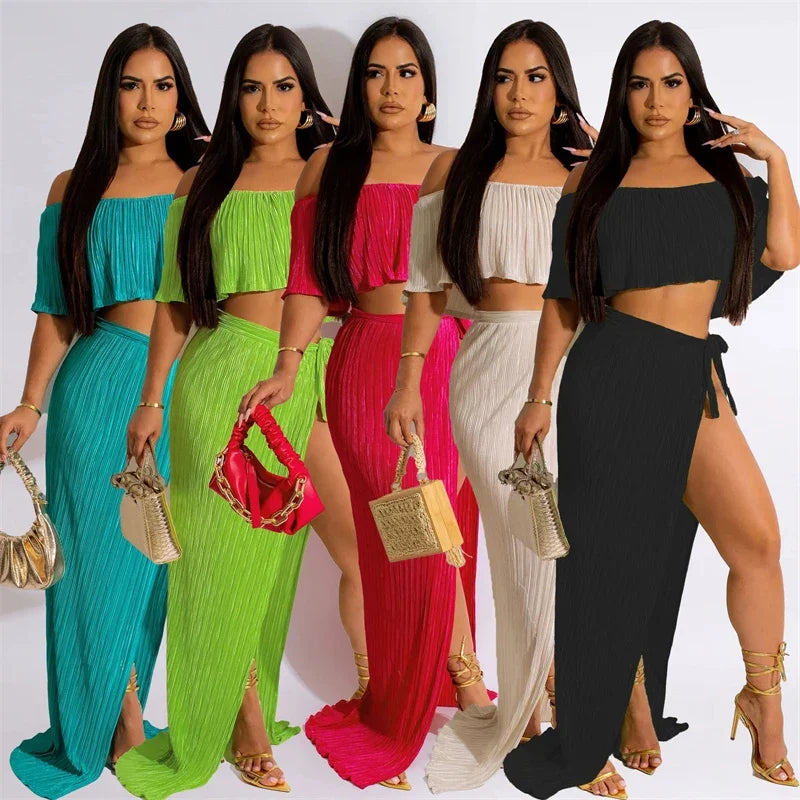Vacation Two Piece Set for Women Maxi Dress Sets Clubwear Slash Neck Ruffles Crop Top and Long Skirts Sexy Night Club Outfits