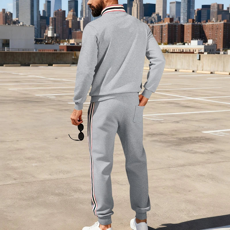 New Casual Mens Tracksuits Autumn Winter Fashion Striped Patchwork Two Piece Sets Men Stand Collar Sweatshirt And Pants Outfits