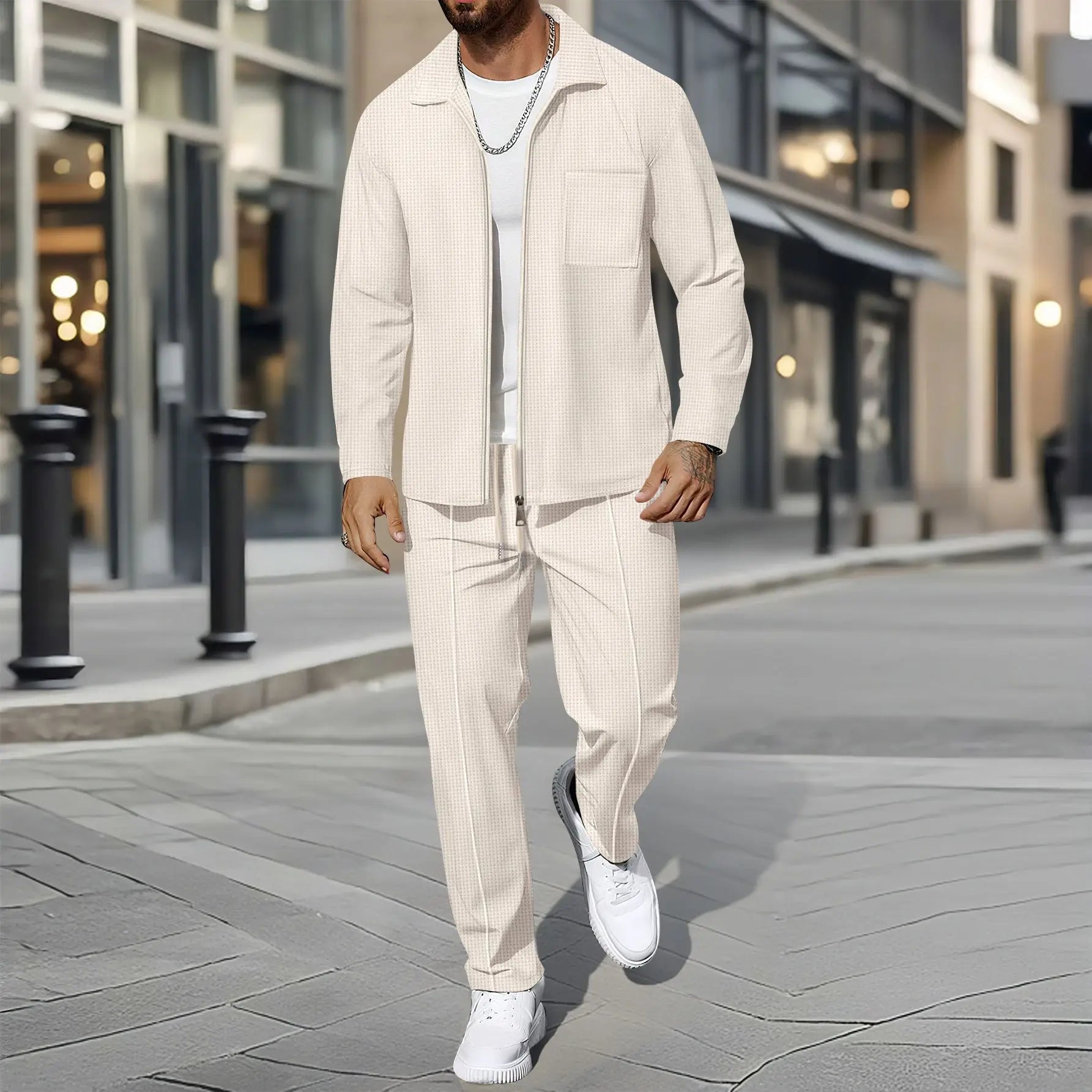 Men's Business Casual Two-Piece Set Spring Autumn Waffle Zippered Shirt Coat And Trousers Trendy Fashionable Outfit