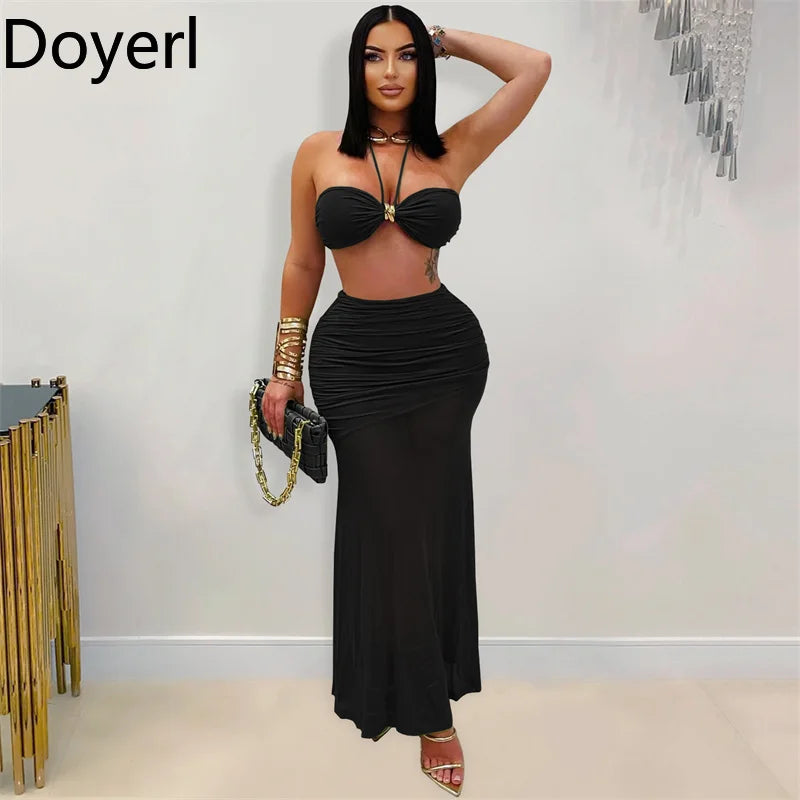 Sexy Outfits Women Two Piece Set Festival Clothing Holiday Club Mesh Sheer Ruched Halter Strapless Crop Top and Long Skirt Sets