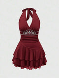 Brown Halter Neck Embroidered Tiered Hem Mini Dress with Floral Motif