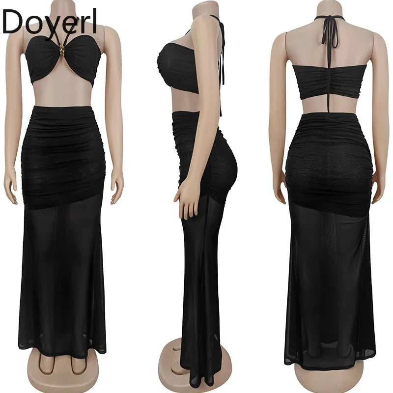 Sexy Outfits Women Two Piece Set Festival Clothing Holiday Club Mesh Sheer Ruched Halter Strapless Crop Top and Long Skirt Sets