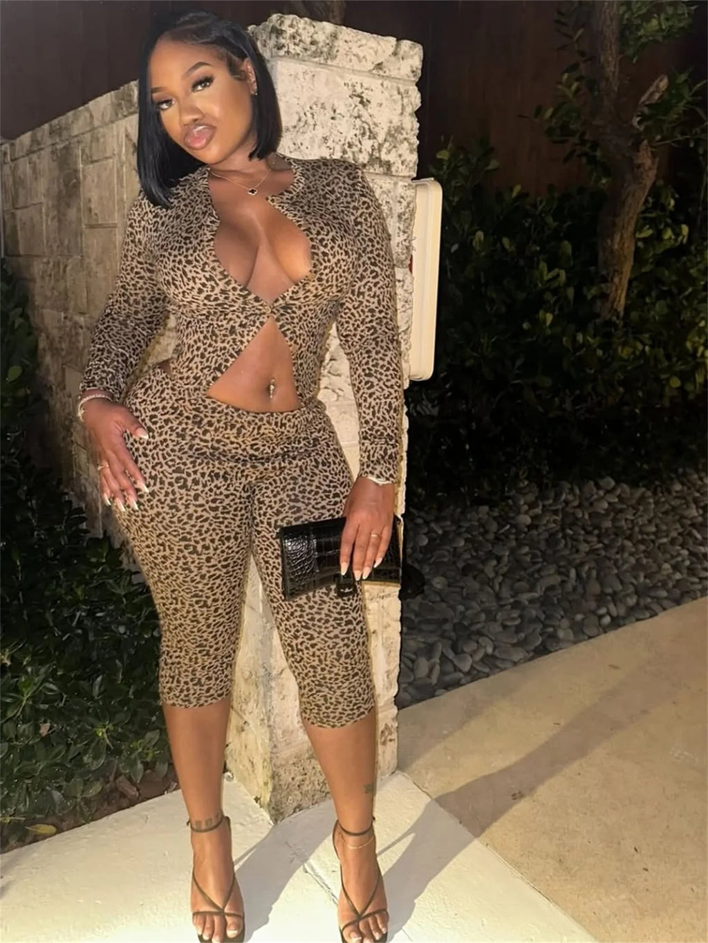 Crop Leopard Tops 2 Piece Pant Set Sexy Outfits Joggers Women Tracksuits Bodycon Elegant Sexy Club Wear Two Piece Pant Sets