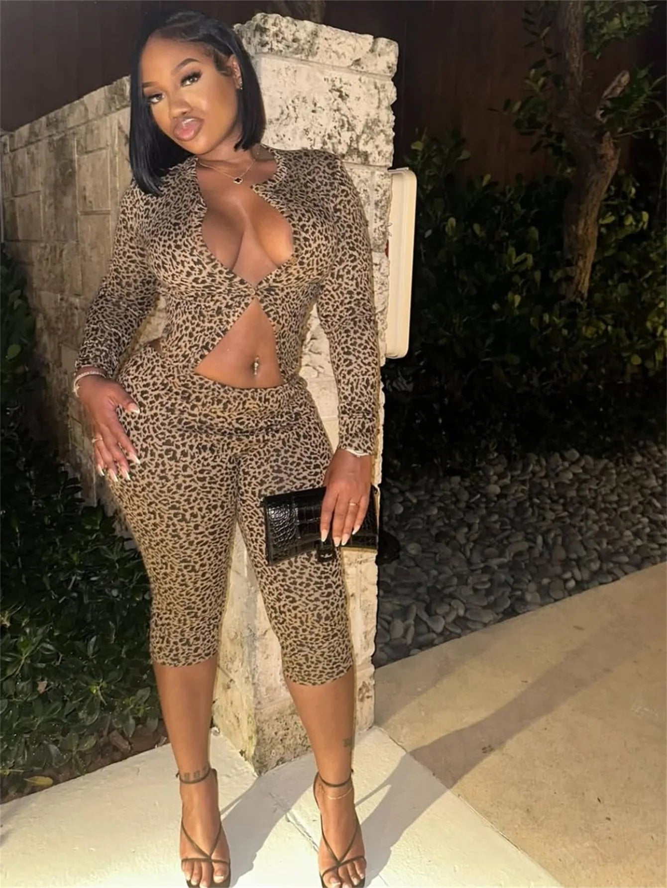 Crop Leopard Tops 2 Piece Pant Set Sexy Outfits Joggers Women Tracksuits Bodycon Elegant Sexy Club Wear Two Piece Pant Sets