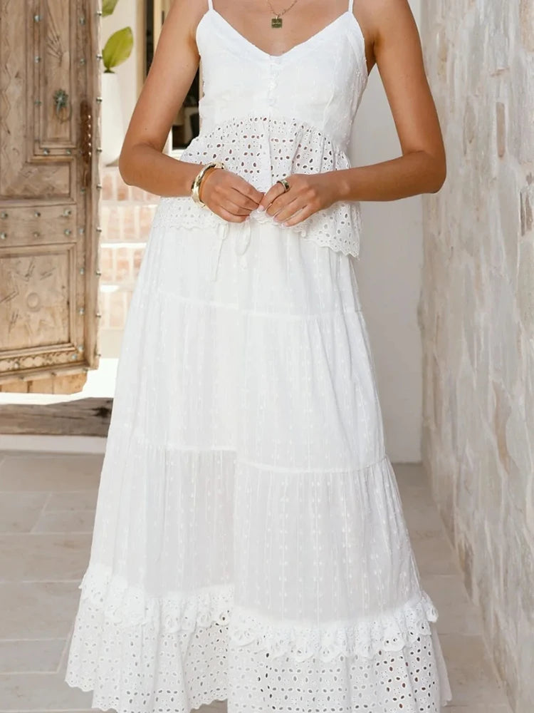 White Lace 2026 Vacation Women Suit Casual Hollowed Out Backless Beach Outfit Sexy V-neck Sleeveless Top and Skirt Two Piece Set