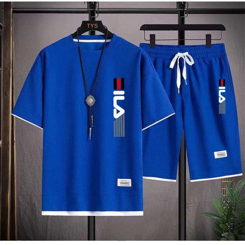 2026 Summer Men's Casual Short-Sleeved T-Shirt Set, fashionable outdoor outfit, two-piece set.