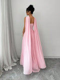 Elegant Solid Pink Sleeveless Maxi Dress With Backless Design And Draped Cape Overlay