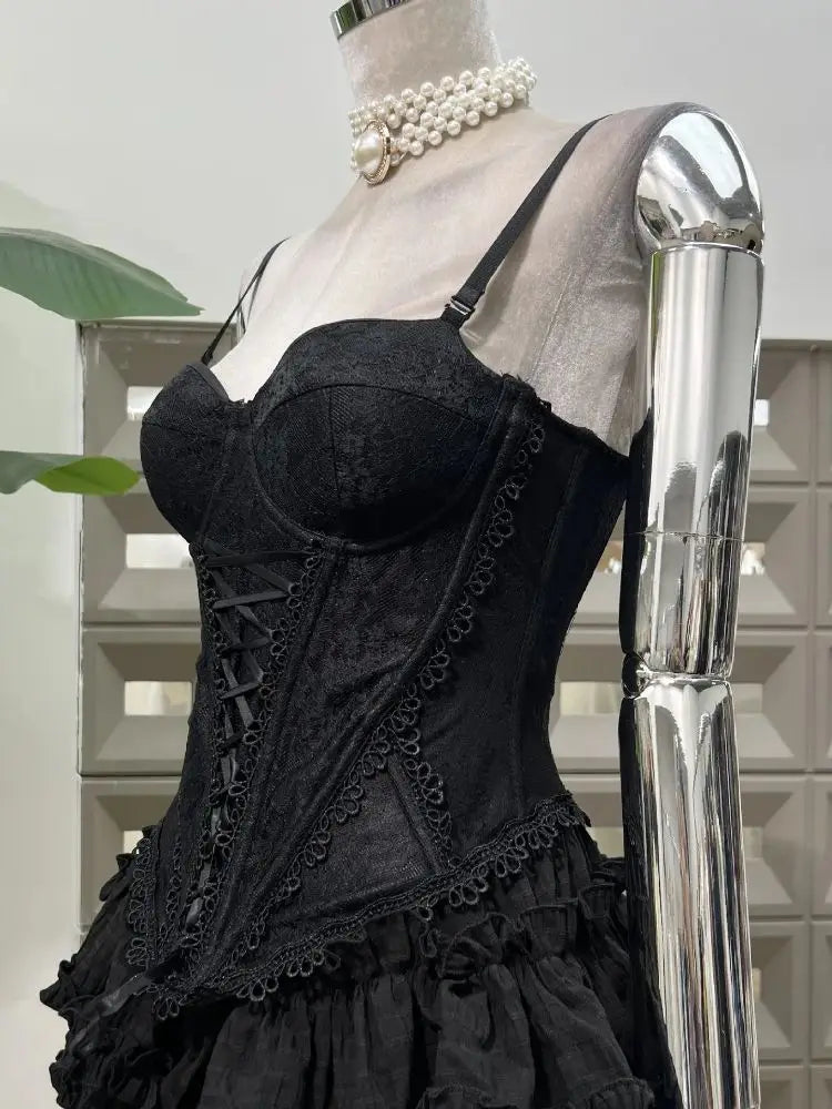 2025 New Summer Fashion Sexy Top Cake Skirt Women's Outfit Lace Bottom Birthday Party Club Dress Y2k Two Pieces Sets Black