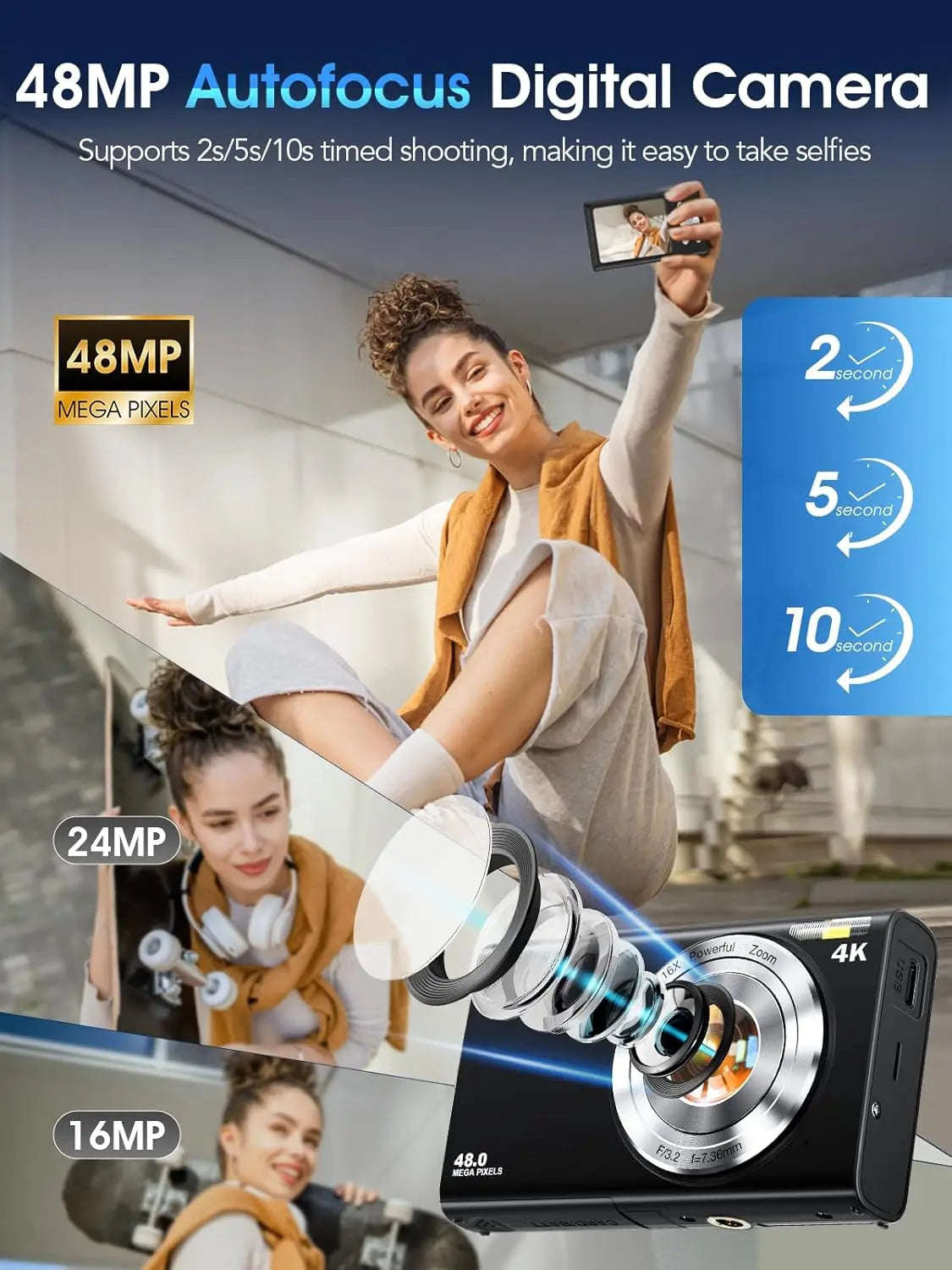 4K Autofocus Digital Camera with 32GB Card, 48MP Compact Point and Shoot for Vlogging Photography, Teens Adults Beginner