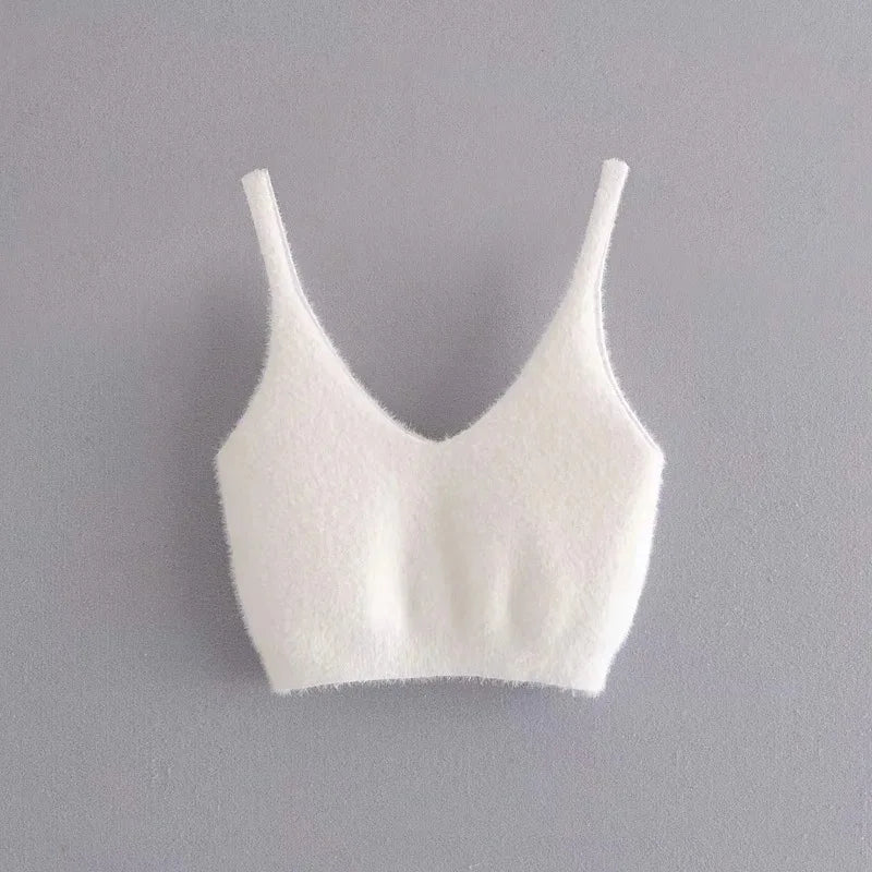 Taruxy Women Two Piece Sets Outfits White Plush Mohair Drill Button Cardigan Coats With Bra Tops And Mini Shorts Matching Sets