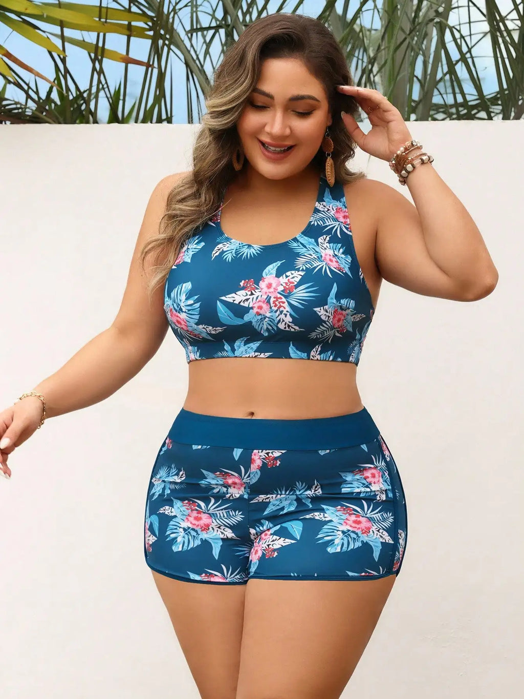 Floral Print Plus Size 3-Piece Swim Set: Racerback Bra Top, High-Waisted Shorts, Sleeveless Cover-Up For Beach And Pool