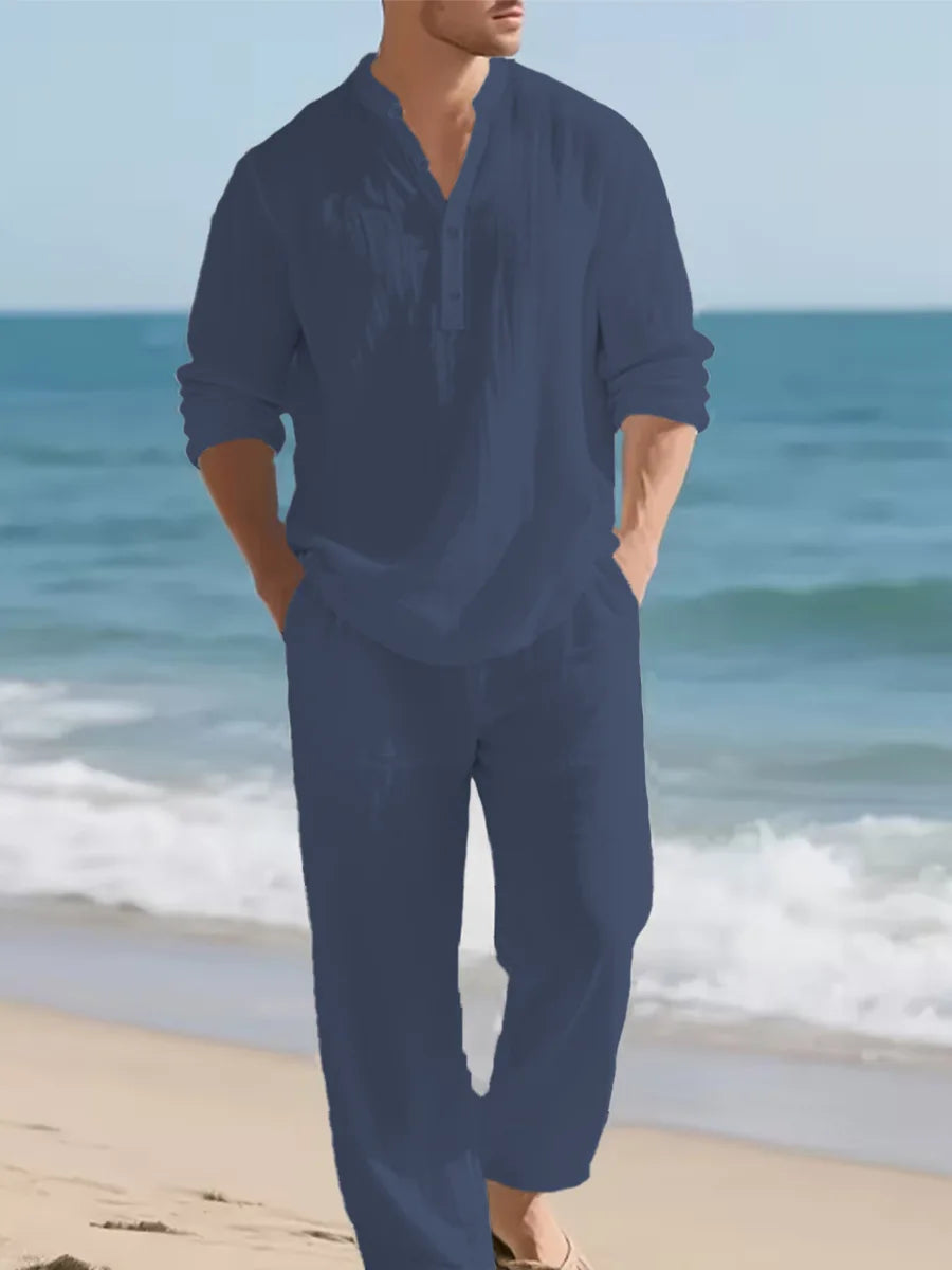 Men's Linen Solid Color Set Casual Long Sleeve Shirt Loose Pants Two Piece Outfit Beach Vacation Fashion