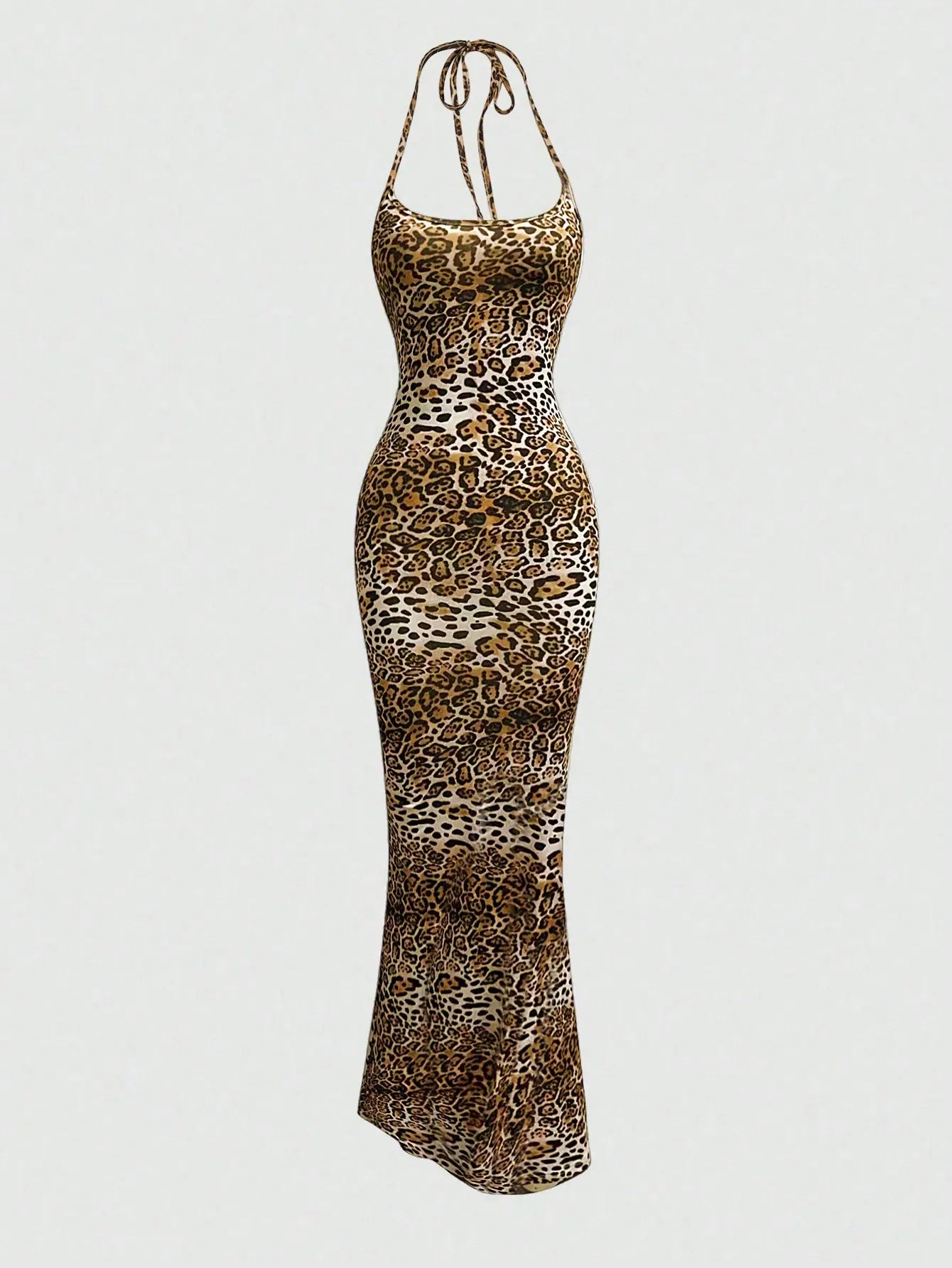 Sweetra Women's Leopard Print Mermaid Hem Fitted Elegant Halter Neck Dress Maxi Women Outfit