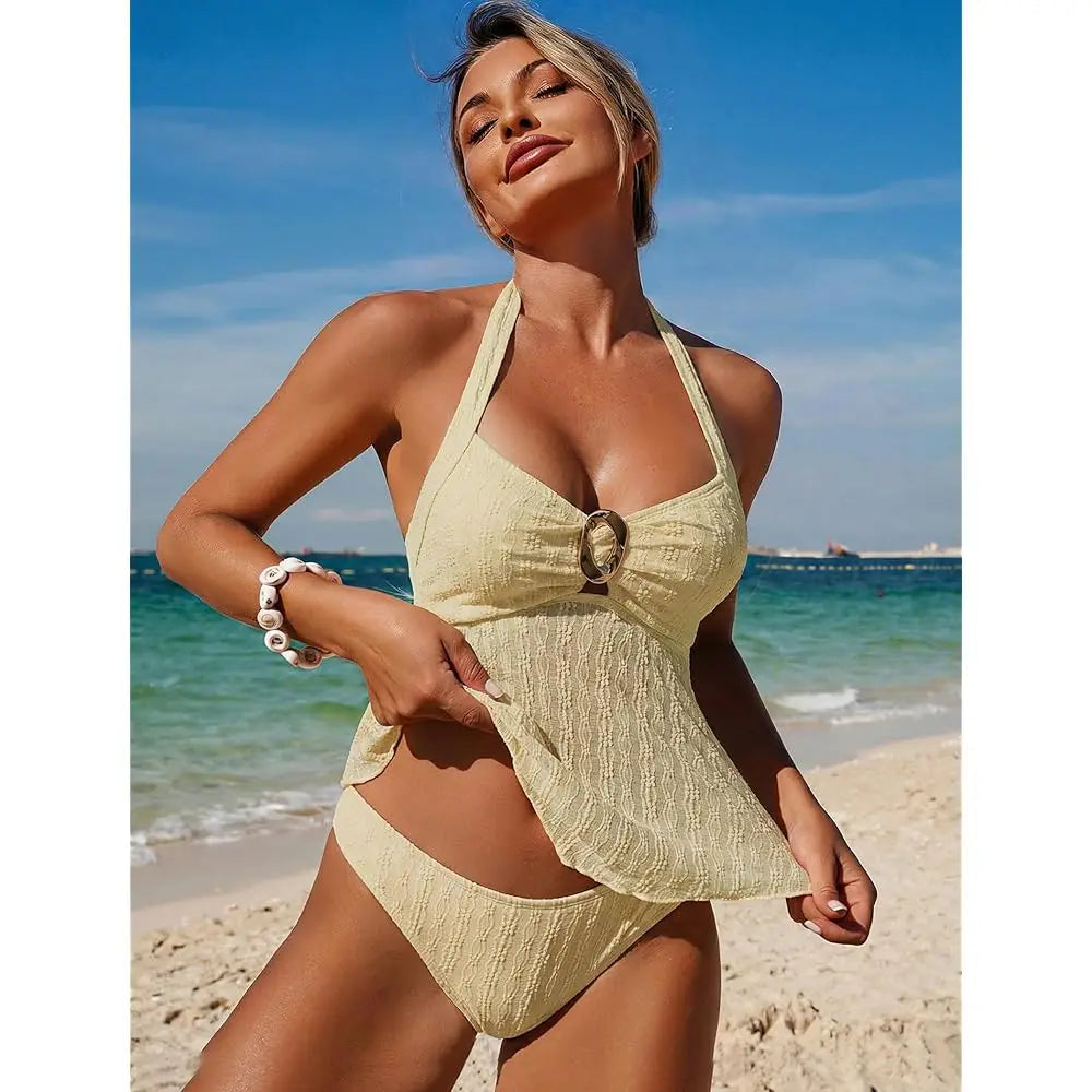Halter Tankini Swimsuits for Women Lace O-Ring Cut Out Two Piece Tummy Control Swimsuits Bathing Suits