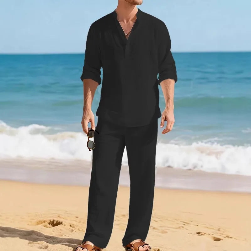 Men's Linen Solid Color Set Casual Long Sleeve Shirt Loose Pants Two Piece Outfit Beach Vacation Fashion
